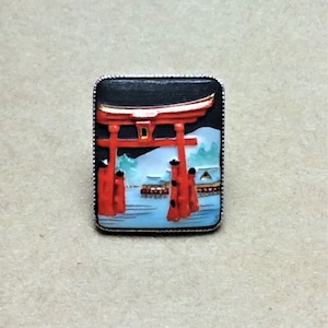 VTG Toshikane Japan Tie Tack Hand Painted Ceramic Porcelain Red Pergola Gate Entrance Mid Century Exquisite Craftsmanship