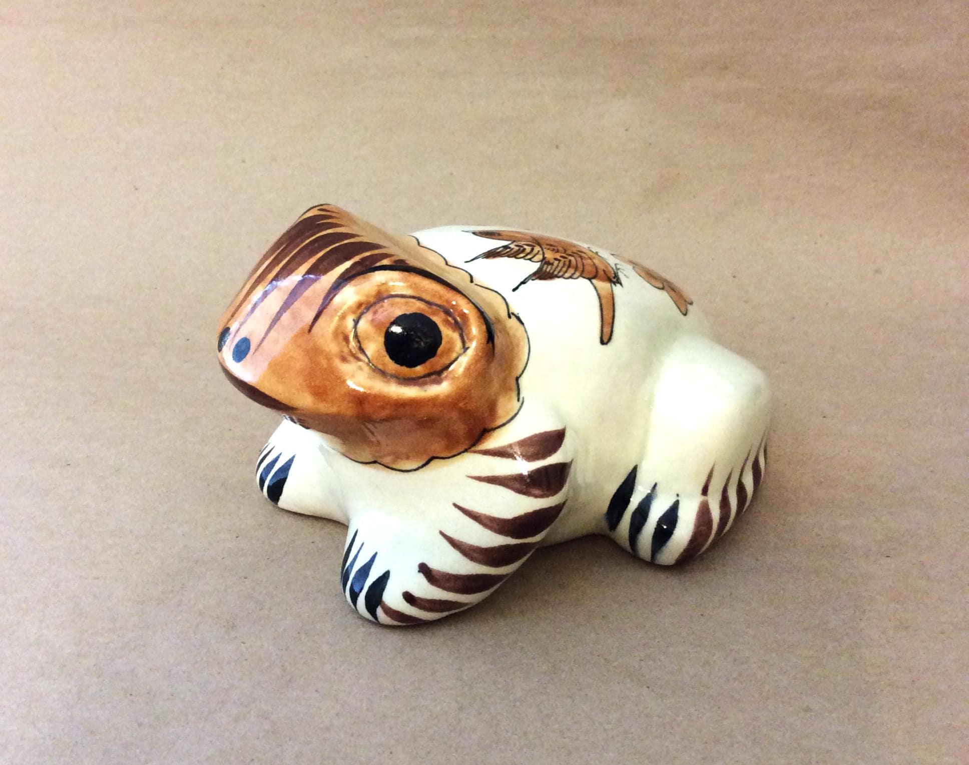 Vintage Tonala Mexico Pottery Frog Signed and Numbered Hand Painted w/Bird, Butterfly and Floral Designs Handsome Little Guy