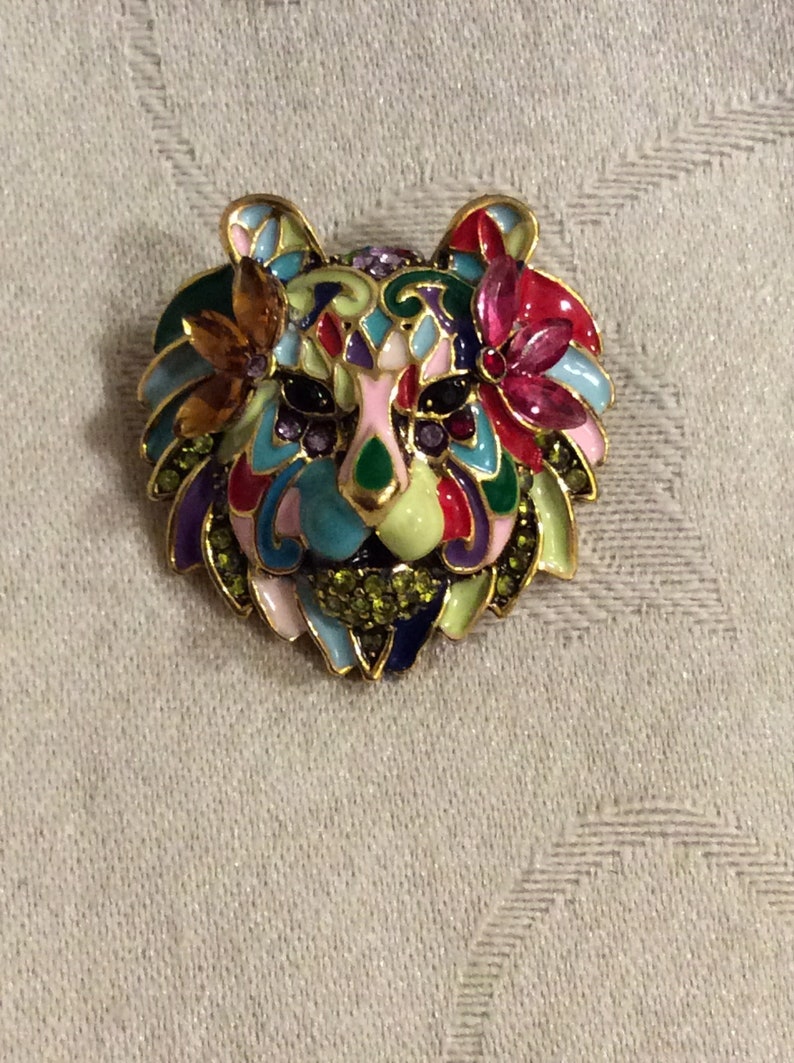 Vintage Enamel & Rhinestone Lion's Head Brooch Mardi Gras Inspired Colorful Unusual image 1