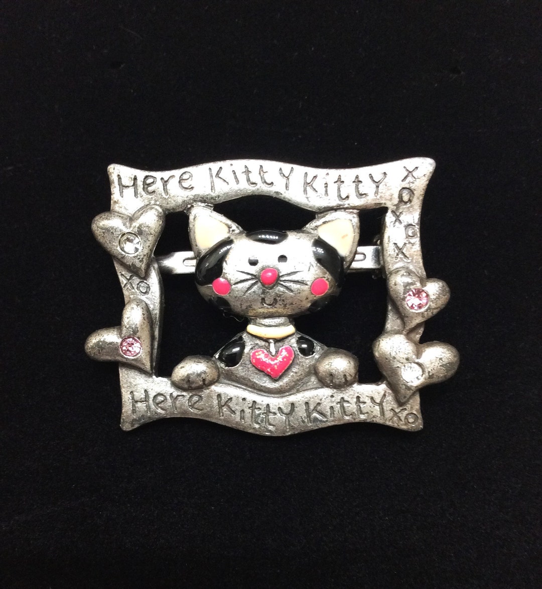 Vintage Signed AJMC Kitty Brooch Pewter With Colorful Enamel and