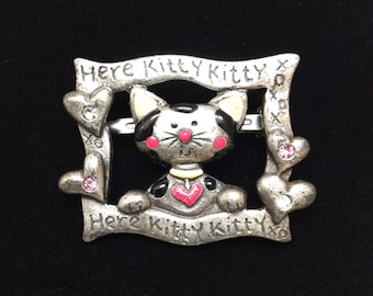 Vintage Signed AJMC Kitty Brooch Pewter With Colorful Enamel and Rhinestone Details