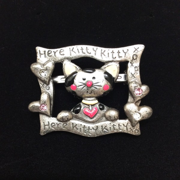 Vintage Signed AJMC Kitty Brooch Pewter With Colorful Enamel and Rhinestone Details