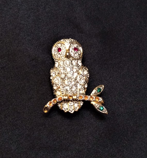 Vintage Owl On Branch Brooch Gold Tone Owl Pave S… - image 1