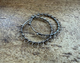 Plain sterling silver sunflower hoops earrings n15- wire wrapped hoops, boho hoops, bohemian hoops, artisan hsndmade hoops earrings, plain