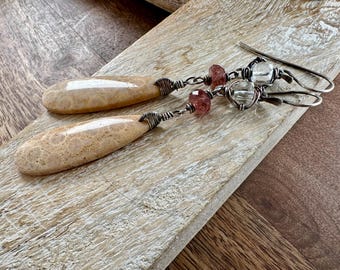 Fossil Coral, Quartz and Strawberry Quartz earrings - mixed gemstones earrings . dagle earrings . sterling silver fossil coral