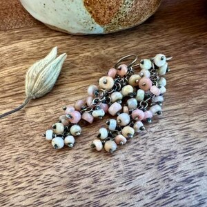 Pink Opal Cluster earrings - pink opal and sterling silver . chandelier cluster rustic boho earrings . earthy organic earrings . medium boho