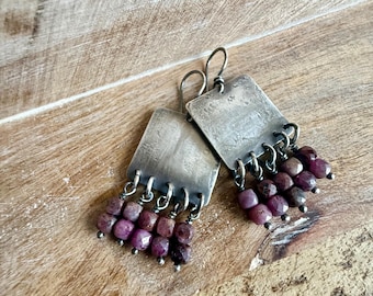 Rustic Bold Ruby Sterling Silver earrings n53- handmade jewelry . Ruby earrings .  sterling silver artisan earrings . earthy squared