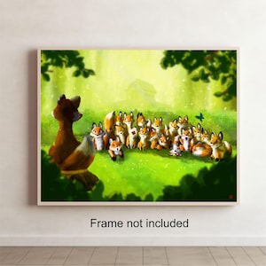 Cours de renard en forêt. Grand. Des renards. classe. calme, paisible, mignon. dessin numérique. Crayon. Télécharger. Cartes postales. Art mural