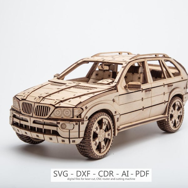 Digital File - BMW X5 - 3D wooden puzzle, Laser cut template plywood, model car, Wooden model kit, 3mm