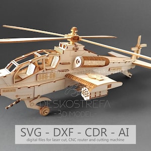 File digitale, Puzzle 3D, Modello 3D - Apache AH-D64, modello tagliato al laser, Cdr, DXF, Svg, Costruttore in legno, 3 mm, puzzle in legno