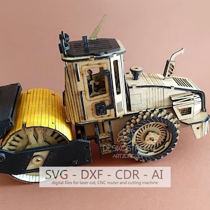Digital files, Wooden 3mm, 3D Model - Road Roller, 3D Puzzle, Laser cut template, CDR, DXF, SVF, Wooden Constructor