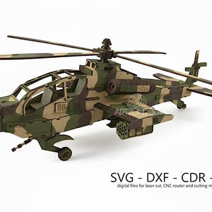 Puede incluir: Maqueta de madera detallada de un helicóptero militar, con un patrón de camuflaje en tonos verdes y marrones. El modelo incluye un rotor, un rotor de cola y sistemas de armas. El texto en la imagen dice "SVG - DXF - CDR - AI".