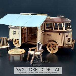 Plik cyfrowy - Camper. Drewniana układanka 3D, sklejka, model samochodu, Drewniany zestaw modeli, szablon wycinany laserowo, 3 mm