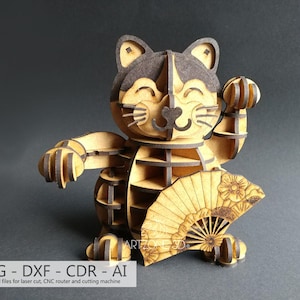 Fichier numérique, Gabarit découpé au laser, Chat porte-bonheur - Plutus, puzzle 3D en bois, 3 mm