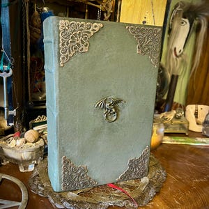 May include: A green leather-bound journal with ornate brass corners and a dragon design on the front cover.