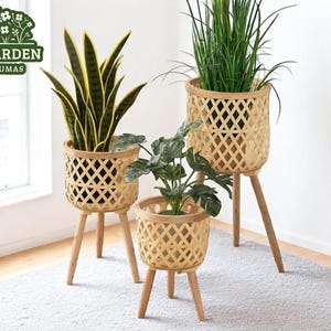 Blumenständer / Blumenständer / Blumenständer aus Holz | Boho Style Pflanzgefäßhalter | Nordischer Rattan gewebter Topf | Design mit hohen Beinen | Natürliches Innendekor