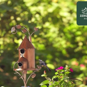 Pole Mounted Metal Birdhouse | Rustic Garden Decoration | Dual Nesting Chambers | Outdoor Bird Feeder | Patio and Yard Decor