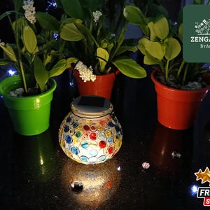 Colorful Mosaic Solar Lantern | Vibrant LED Jar Light | Garden Decor Accent | Patio Ambiance Lamp | Outdoor Night Glow Magic