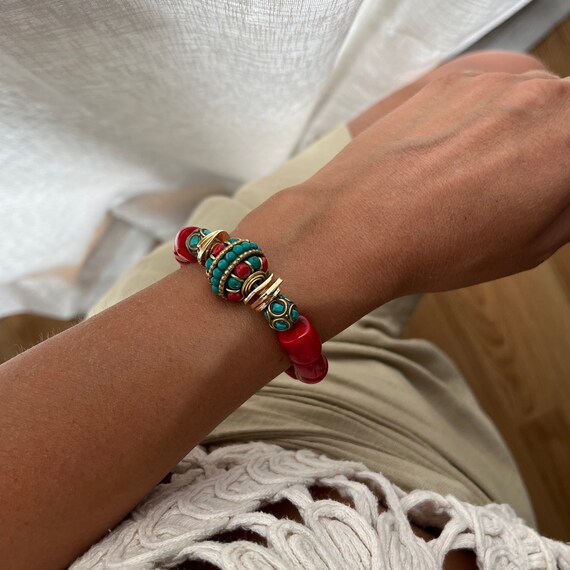 Bracelet extensible turquoise et corail rouge - France