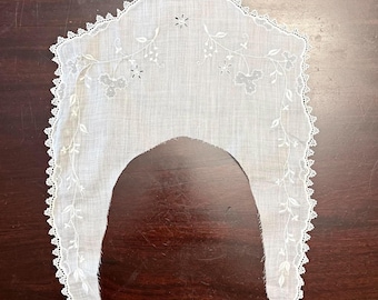 Antique Whitework Hand Embroidered Collar with Lace Trim, Fine Cotton Lawn