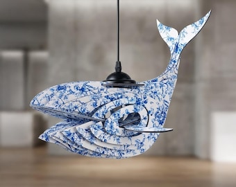Whale Wooden Pendant Light: Laser Cut Nursery Lamp Toile de Jouy - DIY Assembly