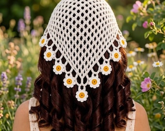Handmade Crochet Floral Bandana, Lace Mesh Hair Scarf, Cottagecore Headscarf, Boho Hair Wrap, Vintage Crocheted Veil, Floral Hair Covering