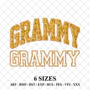 Könnte beinhalten: Ein digitales Design mit dem Wort „GRAMMY“ in zwei Stilen. Der obere Text ist in einer goldenen, gewölbten Schriftart mit floralem Muster gehalten. Der untere Text ist in einer goldenen, umrandeten Schriftart gehalten. Der Text „6 GRÖSSEN“ ist ebenfalls enthalten.