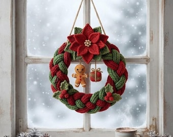 Corona navideña de ganchillo, corona de Papá Noel amigurumi, decoración navideña de flor de Pascua hecha a mano, adorno navideño para puerta, decoración festiva para el hogar.