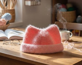 Handmade Crochet Cat Shaped Hat With Ears, Kawaii Aesthetic Knitted Hat for Women, Soft Fluffy Kitty Bonnet, Gift for Kid