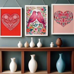 Valentine’s Day Canvas Wall Art Set of 3 | Heart & Bird Scandinavian Folk Prints | Bedroom  Living Room Decor | Romantic Poster Gift