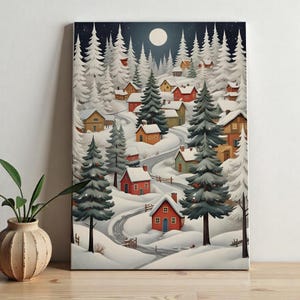 Póster navideño / Impresión de arte popular con pintura invernal / Decoración navideña / Arte mural navideño invernal / Obra de arte navideña nevada / Impresión de arte digital