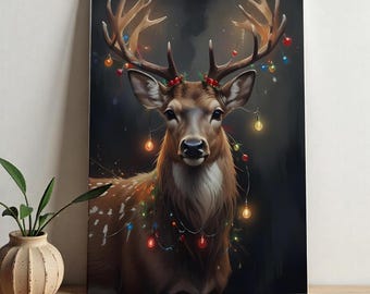 Vintage Christmas Majestatyczny Renifer Płótno | Sztuka Ścienna Ozdoby Bożonarodzeniowe | Plakat Sztuki Renifera | Vintage Renifer Cyfrowy Wydruk Sztuki