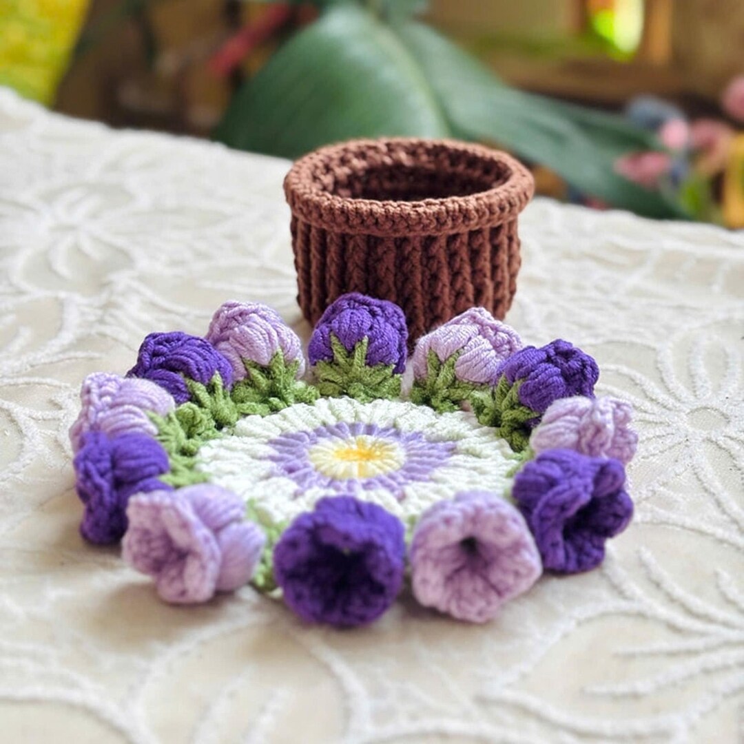 チューリップの花が入った手作りかぎ針編みコースターセット、フラワー