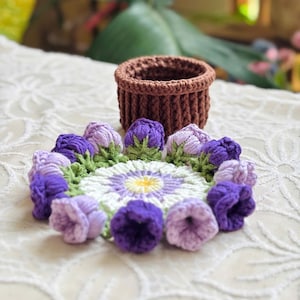 Handmade Crochet Coaster Set with Tulip Flowers, Flower Coaster Crochet, Tulip Crochet, Crochet Flower Pot, Brunaticality, Gothic Home Decor