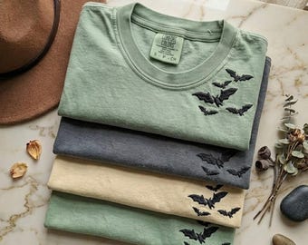 Comfort Colors®  Neckline Ghost Bats PumpkinT Shirt, Ghost Tee-Embroidered Halloween Sweatshirt