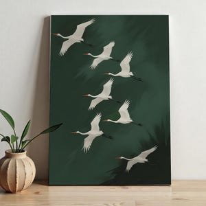 Impresión de grullas voladoras estilo japonés / Obra de arte de pájaro verde y blanco / Descarga digital imprimible / Elegante arte de pared de galería / Decoración de estilo vintage