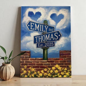 Personalized Name Vintage Street Sign Canvas | Custom Name Date Crossroads Design | Wedding Wall Art | Ideal Gift for Couples Art Digital