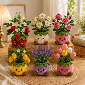 Mini Crochet Potted Plants Set | Sunflower Tulip Rose Strawberry Lavender Mushroom Flower Pot | Amigurumi Desk Decor | Teacher Gift
