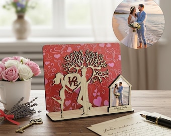 Gepersonaliseerde houten verjaardagscadeau voor stel, aangepaste foto houten plaquette, verlovingscadeau, hart boom bruiloft DIY, cadeau voor man vrouw