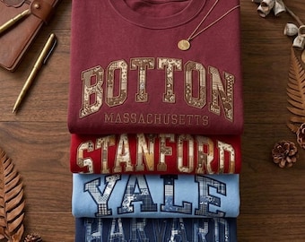 Sudadera personalizada con apliques de letras universitarias y bordados, camiseta universitaria personalizada con retazos, camiseta universitaria con apliques de cuadros vichy, atuendo para el día del partido.