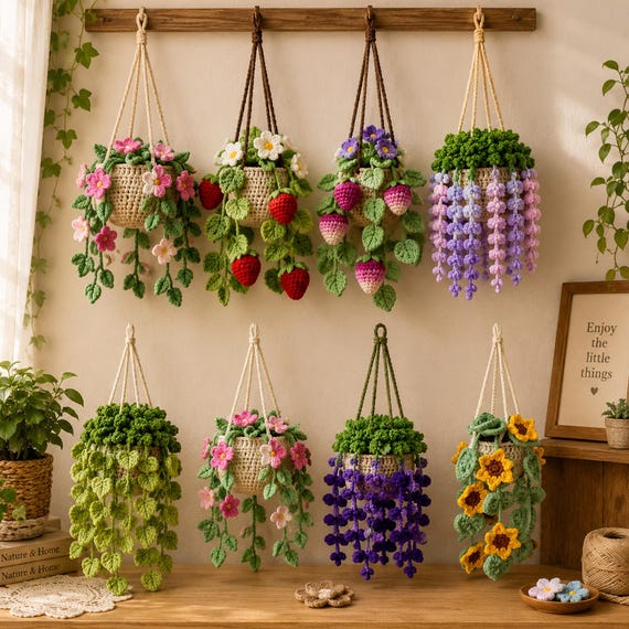 Gehäkelter Hängeblumentopf, handgefertigte Hängepflanze, Boho-Häkelpflanzgefäß, Wanddeko im Cottagecore-Stil, Amigurumi-Blumengeschenk