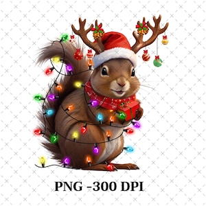 May include: A brown squirrel wearing a red Santa hat and reindeer antlers is wrapped in colorful Christmas lights and holding a red gift box.