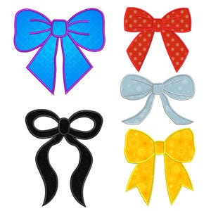 May include: Five different colored bows with various patterns. The bows are blue, red, gray, yellow, and black.
