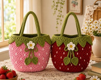 Crochet Strawberry Tote Bag, Handmade Fruit Purse, Cottagecore Market Bag, Cute Summer Shoulder Bag, Strawberry Lover Gift