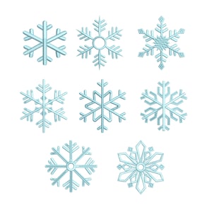 May include: Nine different blue snowflake designs, each with a unique pattern and shape.