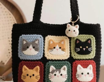 ハンドメイド黒猫プリントのスクエアトートバッグ 在庫限り】黒猫