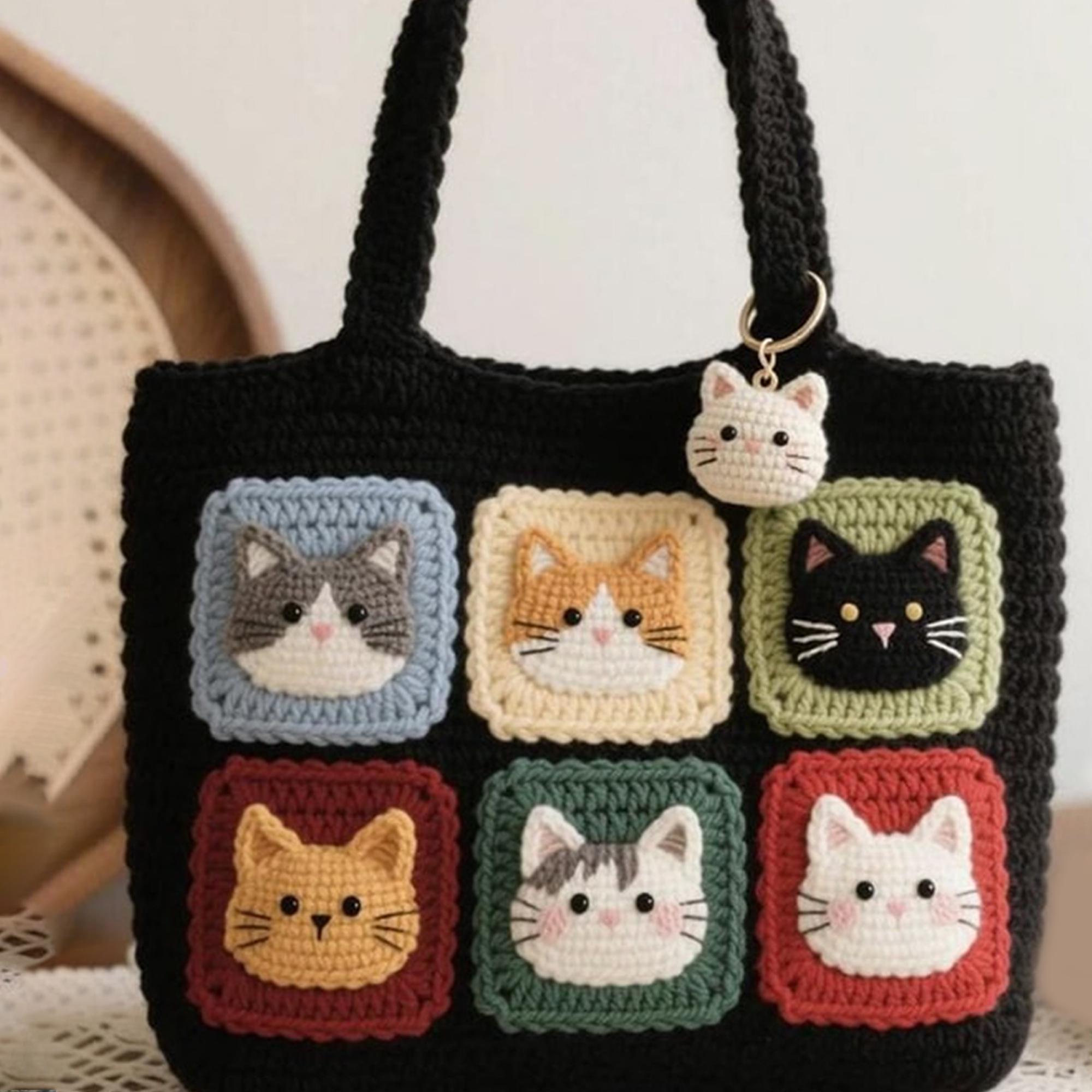 かぎ針編みの猫のトートバッグ：手作りのおばあちゃんのスクエア型財布