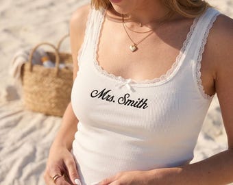 Custom Embroidered Lace Tank Top, Wife of the Party Tank, Bridal Shower Gift, Bachelorette Party Shirt, Engagement Gift for Bride