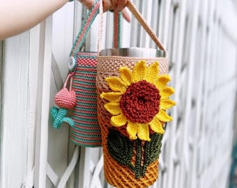 カップホルダー♪アフリカンプリント♥ハンドメイド ハンドメイドかぎ針編みカップホルダーバッグ | 花柄の再利用可能な糸