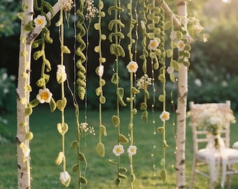 Crochet Vine Curtain, Handmade Floral Garland Window Hanging, Boho Leaf Curtain, Cottagecore Wall Decor, Doorway Divider